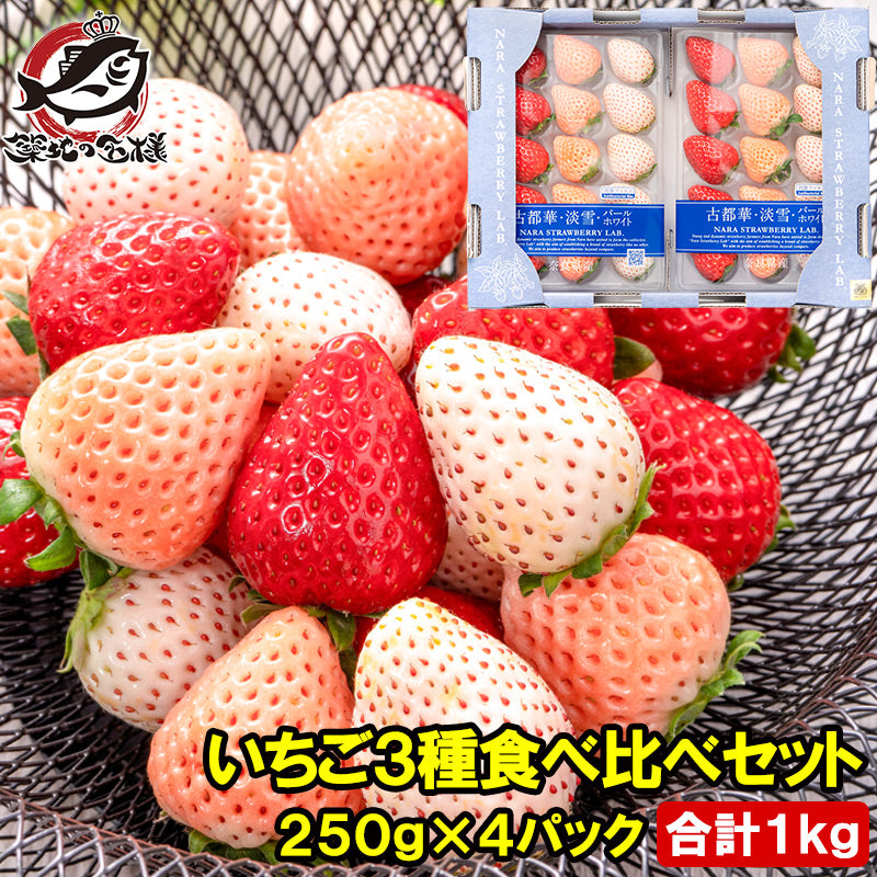 いちご3種食べ比べセット 250g×4パック 合計1kg 1箱 2パック入り 古都華 淡雪 パールホワイト アソート いちご イチゴ 苺 化粧箱入り 大粒 フルーツ 果物 ギフト 贈答 お取り寄せ 市場直送 クール便 豊洲市場 青果