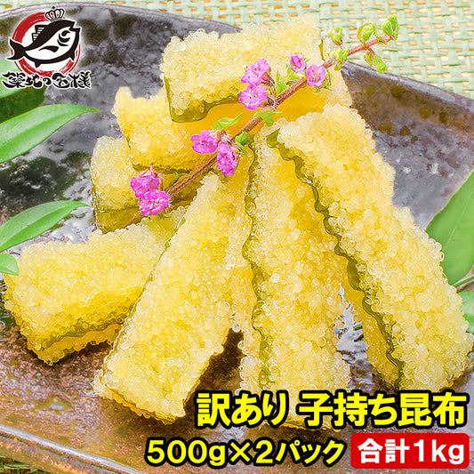 訳あり 子持ち昆布 切り落とし 味付け両面子持ち昆布 500g×2パック 合計1kg 上品な白醤油味でさっぱりとした高級感。塩抜き不要！【子持昆布 天然子持ち昆布 数の子 こんぶ 串揚げ フライ 珍味 おせち料理 寿司ネタ ギフト】 (コピー)
